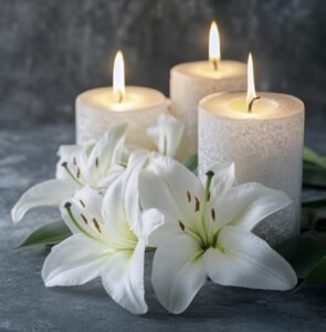Mourning with burning candles and white lilies